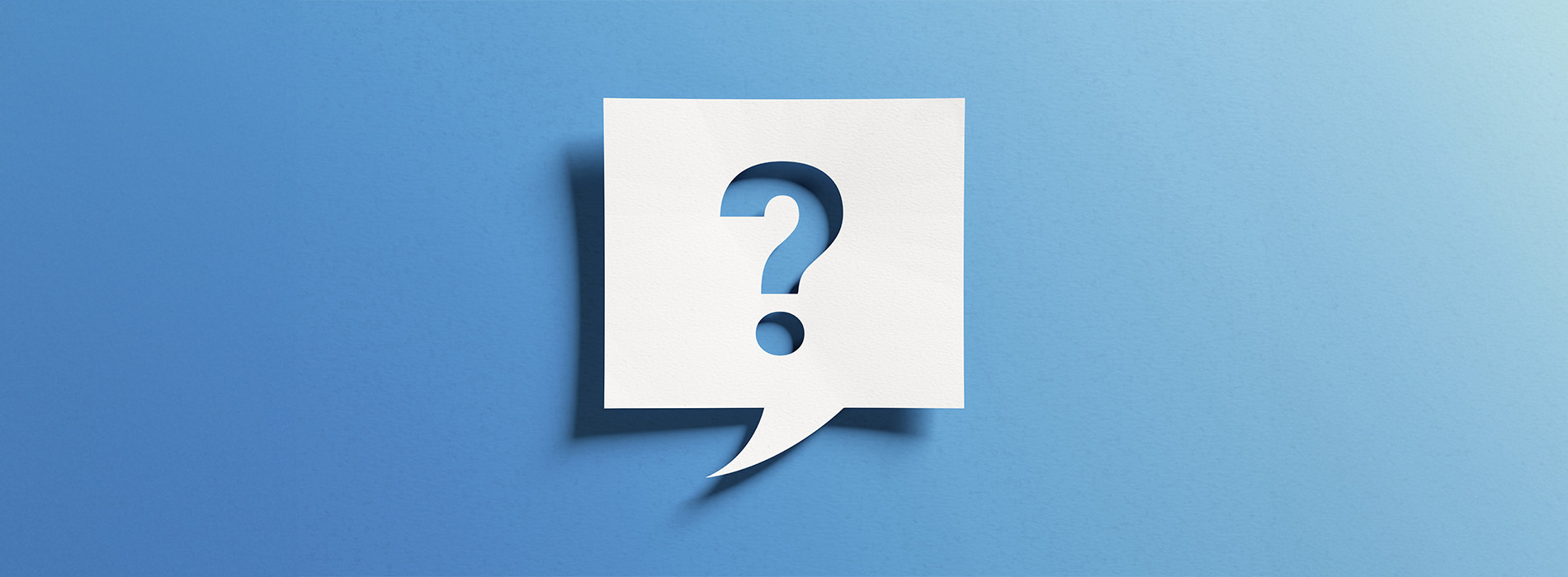 The image shows a graphic with an envelope icon, a speech bubble containing the question    , and a background that transitions from blue at the top to gray at the bottom.