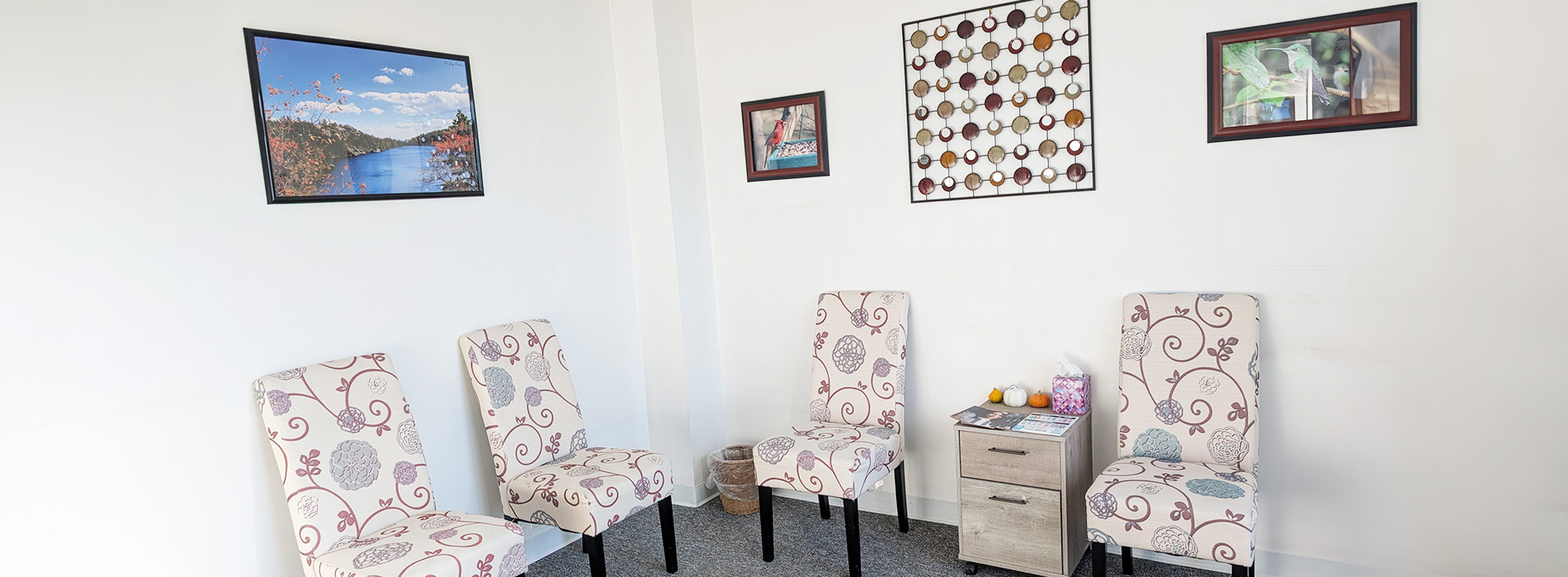 The image shows an interior space with a series of framed pictures on a wall above a row of chairs, each chair featuring a unique design.