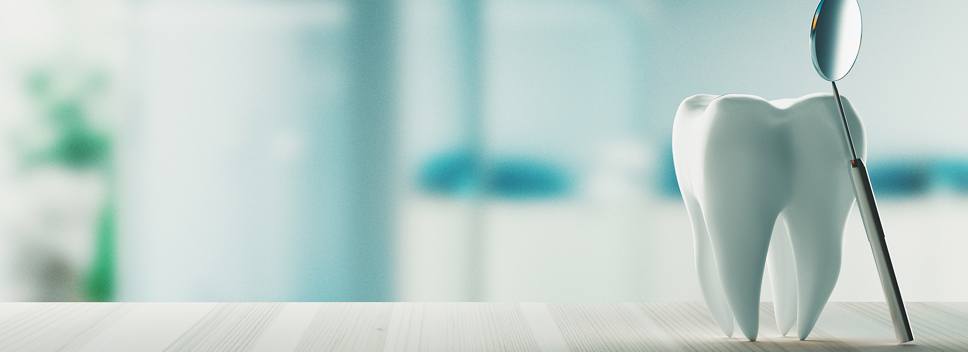 An animated toothbrush brushing a white tooth in front of a blurred dental office setting with a large window.